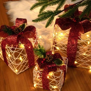 BAKAJI  Σετ 3 Φωτεινά Πακέτα Δώρων Χριστουγέννων Διακόσμηση Εσωτερι...