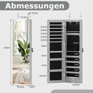 Costway Κλειδωμένο Γκρι Ντουλάπι Κοσμημάτων με LED και Καθρέφτη JV1...