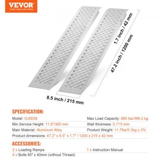 VEVOR Αλουμινένιες Ράμπες 120cm 880kg (Σετ 2)  LJSL472X85INA1TAOV0