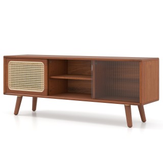 Costway Ξύλινος Τηλεοπτικός Πάγκος με Ράταν και Γυάλινη Συρόμενη Πό...