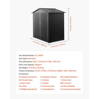 VEVOR Μεταλλική Αποθήκη Κήπου 6x4 FT με 4 Αεραγωγούς, Γκρι GJF64FTH...