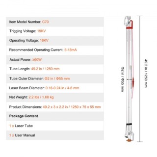 VEVOR  Σωλήνας Laser CO2 60W 1250mm από Βοριοπυριτικό Γυαλί CO2JGG6...