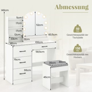 Costway Τουαλέτα Μακιγιάζ με LED Καθρέφτη και Ενσωματωμένο Σταθμό Φ...