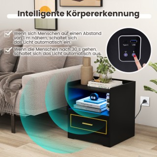 Costway  Κομοδίνο με LED Φως, Θύρα USB, Σταθμό Φόρτισης Τύπου-C και...