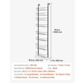 VEVOR 9-Tier Ρυθμιζόμενη Κρεμαστή Ραφιέρα Αποθήκευσης Πόρτας Παντοπ...