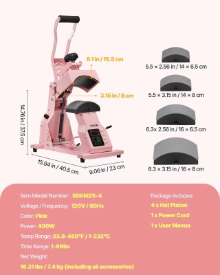 VEVOR Μηχανή Θερμομεταφοράς Καπέλων με 4 Πλάκες σε Ροζ Χρώμα SDSJXK...