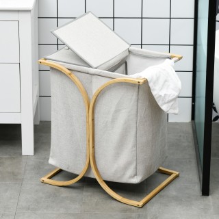 HOMCOM Καλάθι Απλύτων με 2 Καλάθια και Καπάκι από Μπαμπού και Πολυε...