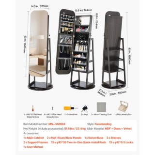 VEVOR Περιστρεφόμενη Κοσμηματοθήκη 360° με Καθρέφτη Πλήρους Μήκους ...