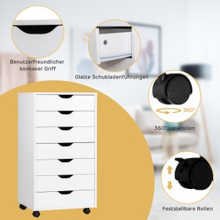 Costway Λευκός Ξύλινος Κυλιόμενος Βιβλιοθήκη με 7 Συρτάρια και Κλει...