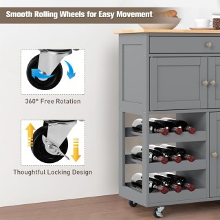 Costway Γκρι Καρότσι Κουζίνας με Συρτάρια & Ράφι Κρασιών HW67062GR