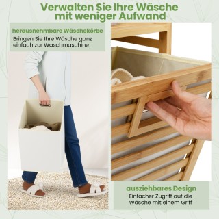Διπλό Περιστρεφόμενο Καλάθι Ρούχων Μπαμπού 75L με 2 Αποσπώμενους Κά...
