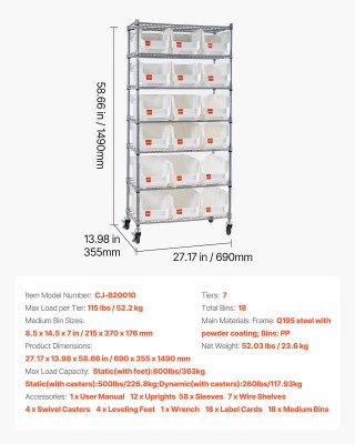 VEVOR 7-Επίπεδη Ράφι Αποθήκευσης με Ρόδες και 18 Κάδους Οργανωτές K...