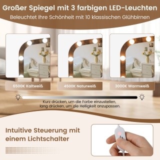 Costway Τουαλέτα Μακιγιάζ με Σκαμπό & LED Καθρέφτης 3 Χρωμάτων & Στ...