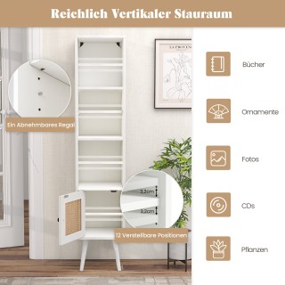 Costway  Λευκή Ψηλή Ντουλάπα από Φυσικό Ρατάν με Στενό Ραφάκι και Π...