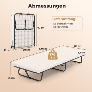 Costway Πτυσσόμενο Κρεβάτι Επισκεπτών με Στρώμα 190 x 80 εκ. - Μετα...