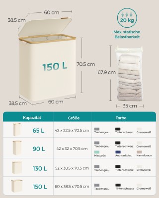 Καλάθι Απλύτων SONGMICS με Καπάκι, 3 Θέσεων, 150L, Κρεμ LCB515W01 Καλάθι Απλύτων SONGMICS με Καπάκι, 3 Θέσεων, 150L, Κρεμ LCB515W01