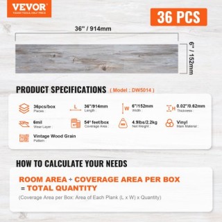 Αυτοκόλλητα Βινυλικά Πλακάκια Δαπέδου VEVOR 36x6, 36 Τεμάχια, Ξύλιν... Αυτοκόλλητα Βινυλικά Πλακάκια Δαπέδου VEVOR 36x6, 36 Τεμάχια, Ξύλιν...