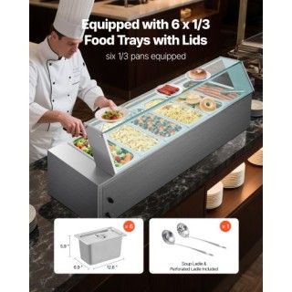 VEVOR Επαγγελματικός Θερμαντήρας Τροφίμων με Γυάλινο Κάλυμμα και 6 ...