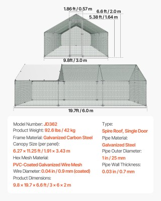 VEVOR Μεταλλικό Κοτέτσι 9.8x19.6x6.5 ft με Σκεπή & Ασφαλή Κλείδωμα ...