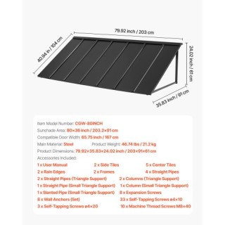 VEVOR Τέντα Πόρτας 80x36 in Εξωτερική Αίθριο Ατσάλινη JSGDSZYP80IN4...