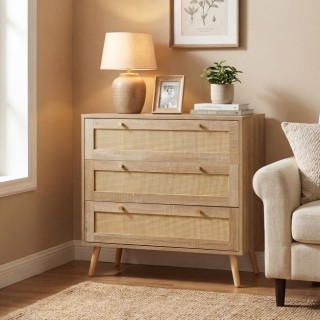 Costway Συρταριέρα από ξύλο και ρατάν με 3 συρτάρια για σαλόνι, υπν...