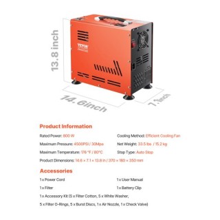 VEVOR Συμπιεστής Αέρα PCP 800W Διπλού Κυλίνδρου για Αεροβόλα PCP 45...