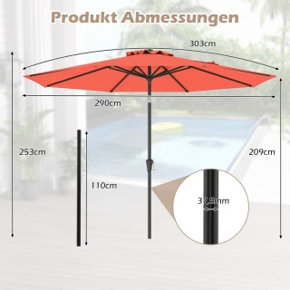 Costway Πορτοκαλί Κηπαίος Ομπρέλα 303 cm με Στρόφαλο και Ρυθμιζόμεν...