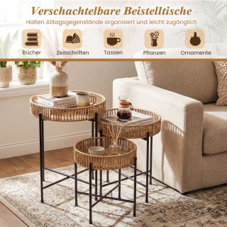 Costway Σετ Τριών Στρογγυλών Μπεζ Βοηθητικών Τραπεζιών Μποέμ για Κα...