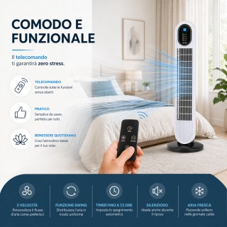 BAKAJI Πύργος Ανεμιστήρας 60W με Τηλεχειριστήριο, Κάθετος Λευκός Εξ...