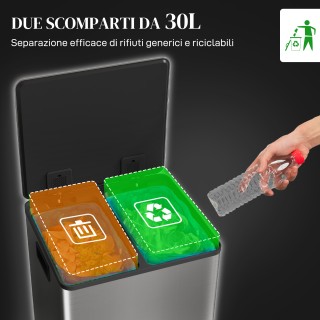 HOMCOM Κάδος Απορριμμάτων με 2 Διαμερίσματα 30L με Πεντάλ και Αθόρυ...