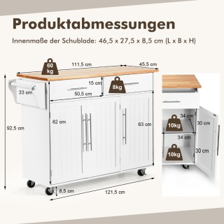 Costway Λευκός Τροχήλατος Πάγκος Κουζίνας 122 x 46 x 92,3 εκ. KC547...