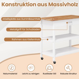 Costway Λευκός Κινητός Κουζινικός Καρότσι με Πάγκο και Συρτάρι KC58...
