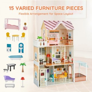 VEVOR  Μεγάλο Ξύλινο Κουκλόσπιτο με Έπιπλα 3 Επιπέδων για Παιδιά 3+...