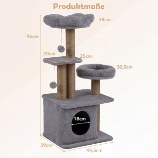 Costway Γκρι ονυχοδρόμιο γάτας 96 εκ. με σπηλιά, πλατφόρμα, κρεβάτι...