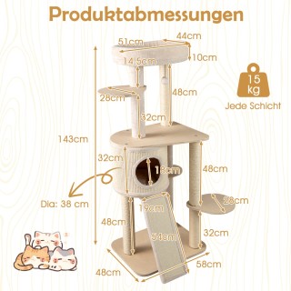 Costway Ξύλινος Γατόδεντρο 143 εκ με Κάθετη Κρυψώνα και Στύλους από...
