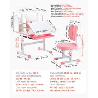 VEVOR Παιδικό Γραφείο & Καρέκλα Ρυθμιζόμενα Ροζ με Βιβλιοθήκη & Συρ...