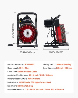 VEVOR Μηχάνημα Καθαρισμού Αποχέτευσης 23μ x 10,5mm, Χειροκίνητο Τρο...