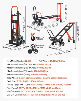 VEVOR 3 σε 1 Βιομηχανικό Καροτσάκι Βαρέως Τύπου Αναδιπλούμενο για Σ...