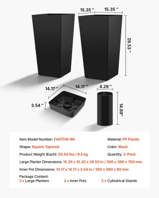 VEVOR Σετ 2 ψηλές κωνικές γλάστρες 750 mm για εσωτερικό και εξωτερι...