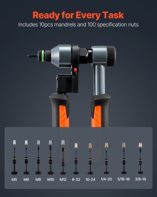 VEVOR Σετ Εργαλείων Πριτσινιών, Καρυδάκι, 210 mm, με 10 Αντάπτορες ...