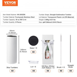 Σετ 8 Ισοθερμικών Ποτηριών Sublimation VEVOR 30 oz με Καλαμάκι και ... Σετ 8 Ισοθερμικών Ποτηριών Sublimation VEVOR 30 oz με Καλαμάκι και ...