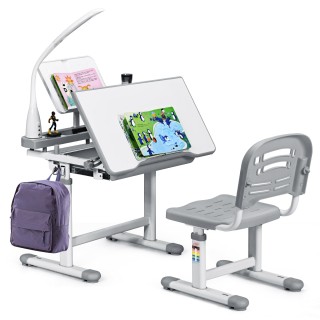 Costway Παιδικό Γραφείο Ρυθμιζόμενο με Λάμπα και Καρέκλα - Γκρι HW6...