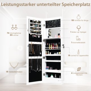 Costway Λευκός Καθρέπτης Κοσμηματοθήκης με Επενδυμένα Ράφια, Γάντζο...