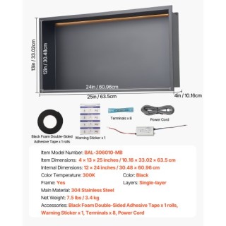 VEVOR Εσοχή Ντους 33x63.5x10.2 cm με LED από Ανοξείδωτο Ατσάλι BXGL... VEVOR Εσοχή Ντους 33x63.5x10.2 cm με LED από Ανοξείδωτο Ατσάλι BXGL...