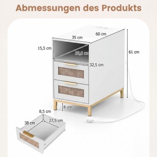 Costway Λευκός Πλαϊνός Τραπέζι με Σταθμό Φόρτισης & 2 Συρτάρια από ...
