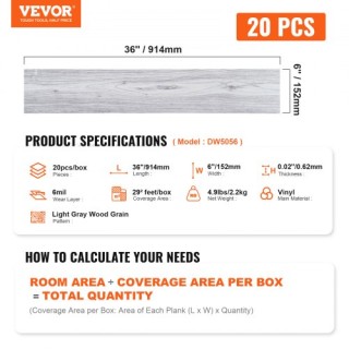 Αυτοκόλλητα Βινυλικά Πλακάκια Δαπέδου VEVOR 20τμχ 0.62mm Ανοιχτό Γκ...