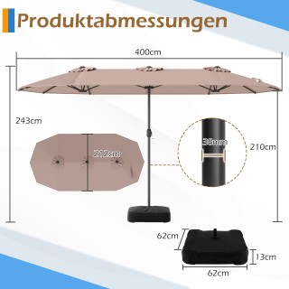 Costway Διπλή Ομπρέλα Ηλίου με Βάση UPF 50+ Καφέ 243 x 212 x 400 εκ... Costway Διπλή Ομπρέλα Ηλίου με Βάση UPF 50+ Καφέ 243 x 212 x 400 εκ...