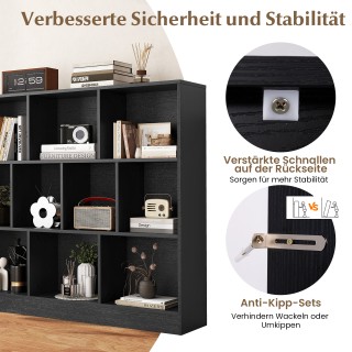 Costway Μαύρη Βιβλιοθήκη 3 Επιπέδων με 10 Θέσεις 120 x 24 x 104 εκ....