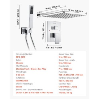 VEVOR Σετ Ντους με Κεφαλή Βροχής 12 και Χειροκίνητη Ντους σε Χρώμιο...