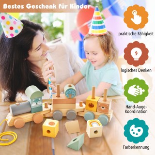 Costway  Ξύλινο Σετ Παιχνιδιού Τρένου με Ζωάκια και Στοιβαζόμενα Το...